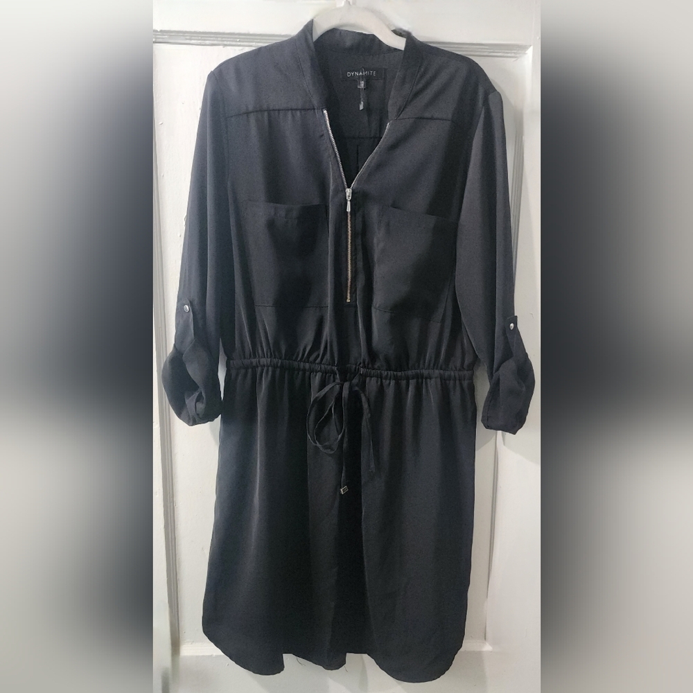 🪻Dynamite Black Long-Sleeve Drawstring Shirt Dress with Zip🪻size: L